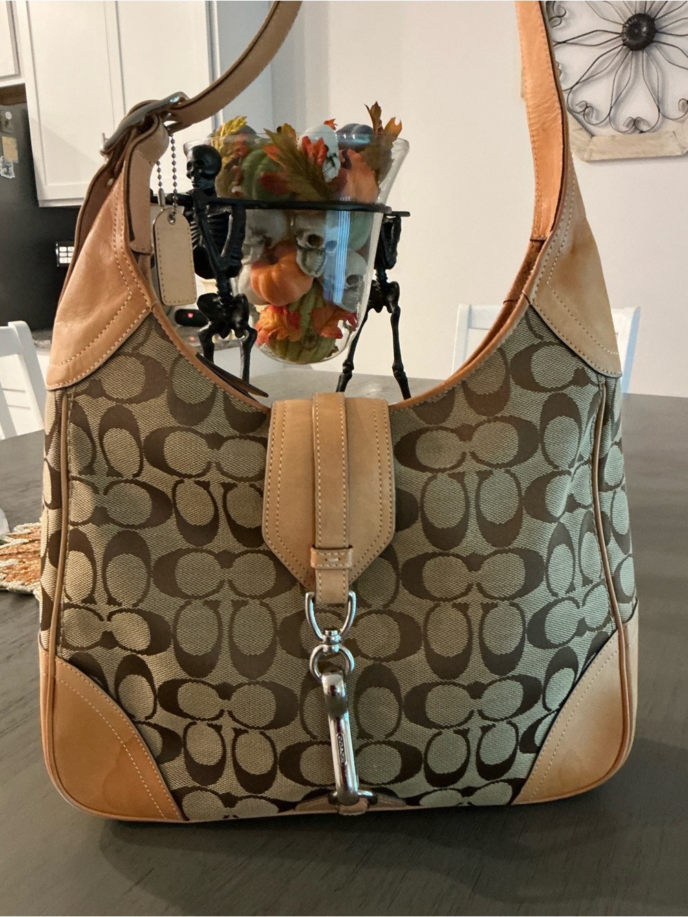 Coach Brown Signature Canvas Hobo with Tan Leather Trim